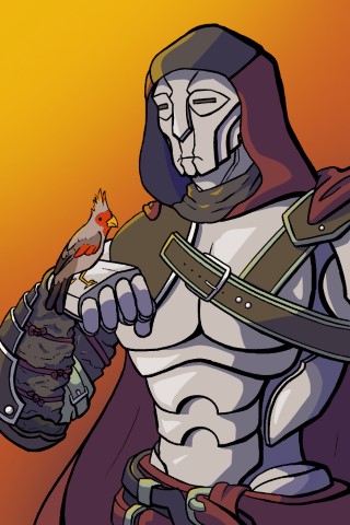 Illustration of a robot holding a small female cardinal. The robot has a blank expression but wears a really cool cape and galdiator armor.